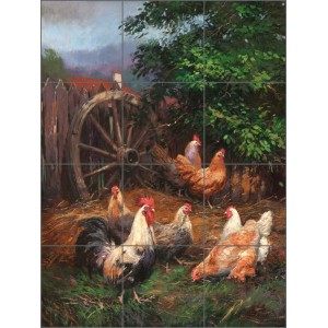 Ceramic Tile Mural Backsplash Mirkovich Rooster Chickens Country Life Art NMA034   361460688183